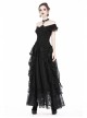 One-Word Shoulder Lace Cuff Front Chest Embroidery Decals Black Gothic Knit T-Shirt