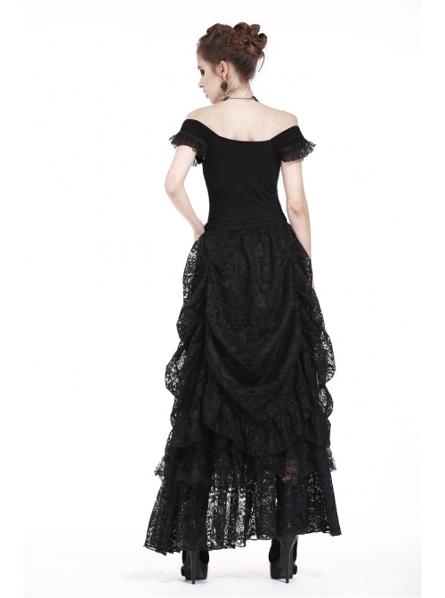 One-Word Shoulder Lace Cuff Front Chest Embroidery Decals Black Gothic Knit T-Shirt