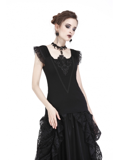 One-Word Shoulder Lace Cuff Front Chest Embroidery Decals Black Gothic Knit T-Shirt