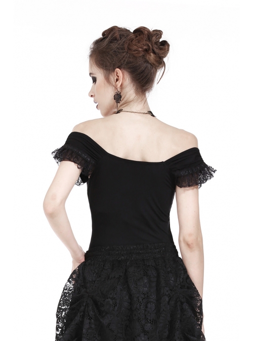 One-Word Shoulder Lace Cuff Front Chest Embroidery Decals Black Gothic Knit T-Shirt