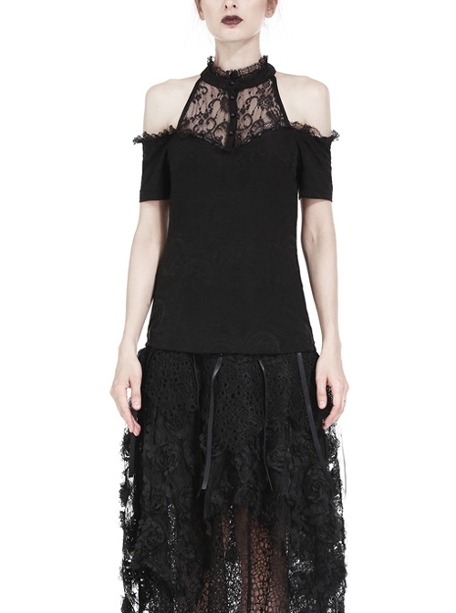 Lace High Collar Off-Shoulder Short Sleeve Black Gothic T-Shirt