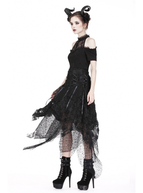 Lace High Collar Off-Shoulder Short Sleeve Black Gothic T-Shirt