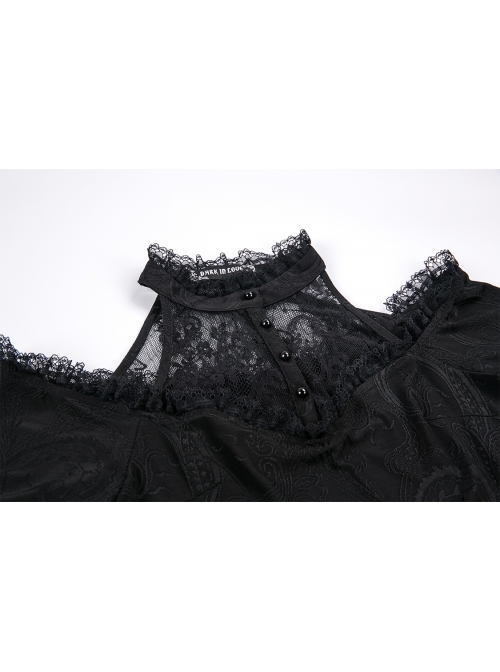Lace High Collar Off-Shoulder Short Sleeve Black Gothic T-Shirt