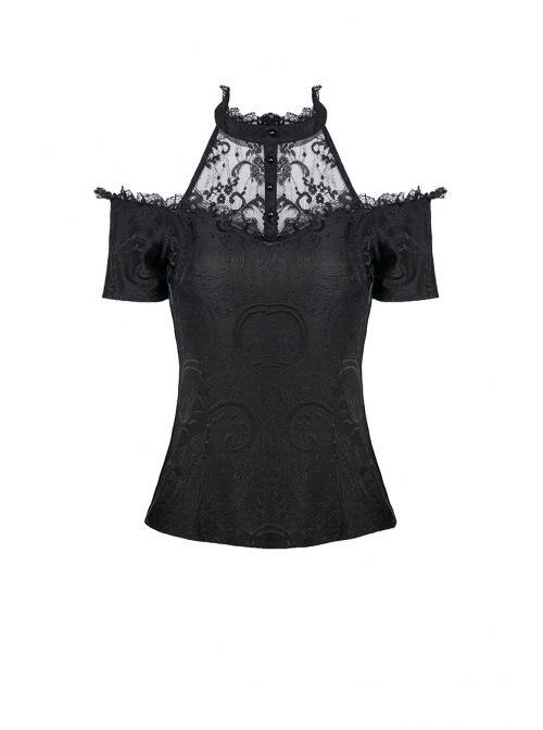 Lace High Collar Off-Shoulder Short Sleeve Black Gothic T-Shirt