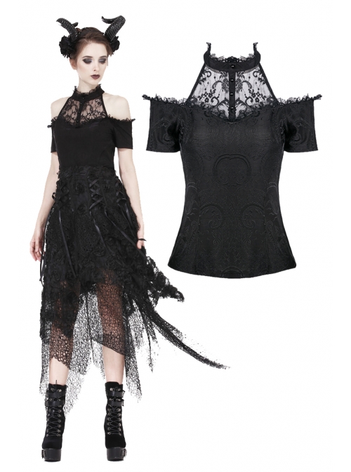 Lace High Collar Off-Shoulder Short Sleeve Black Gothic T-Shirt
