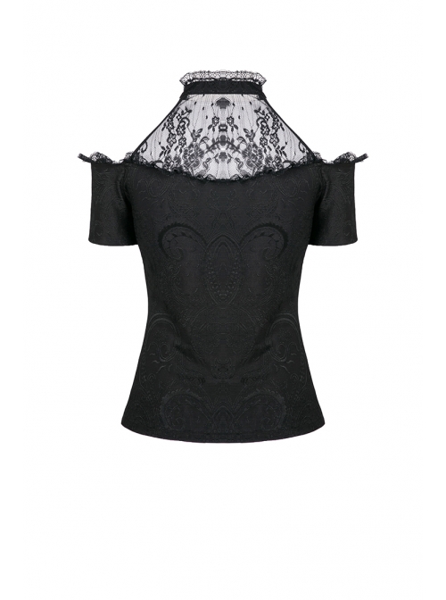 Lace High Collar Off-Shoulder Short Sleeve Black Gothic T-Shirt