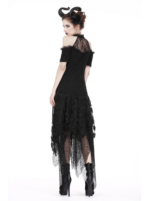 Lace High Collar Off-Shoulder Short Sleeve Black Gothic T-Shirt