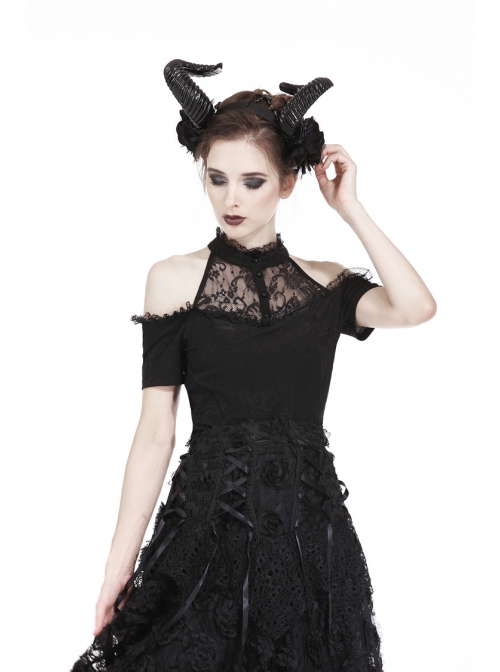Lace High Collar Off-Shoulder Short Sleeve Black Gothic T-Shirt