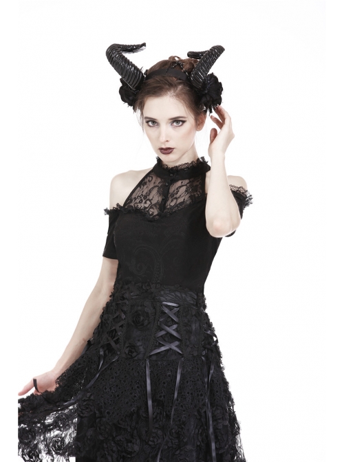 Lace High Collar Off-Shoulder Short Sleeve Black Gothic T-Shirt