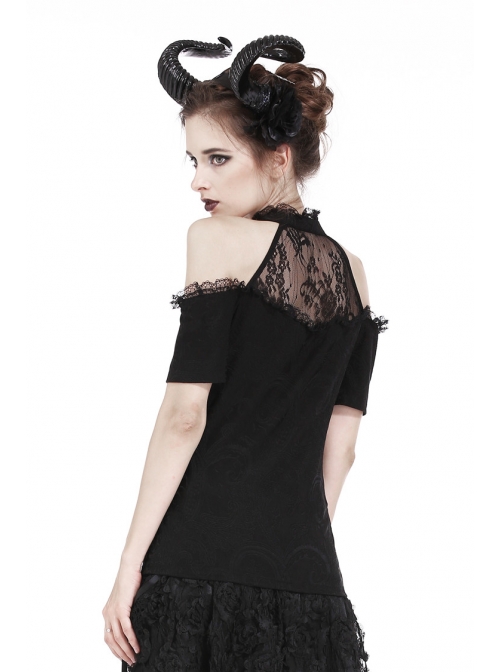 Lace High Collar Off-Shoulder Short Sleeve Black Gothic T-Shirt