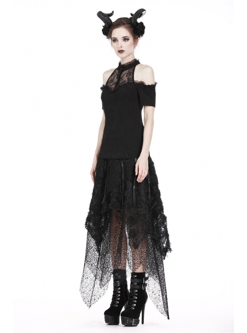 Lace High Collar Off-Shoulder Short Sleeve Black Gothic T-Shirt