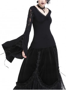 V-Neck Splice Lace Embroidery Flare Sleeve Lace-Up Cuff Black Gothic Knit T-Shirt
