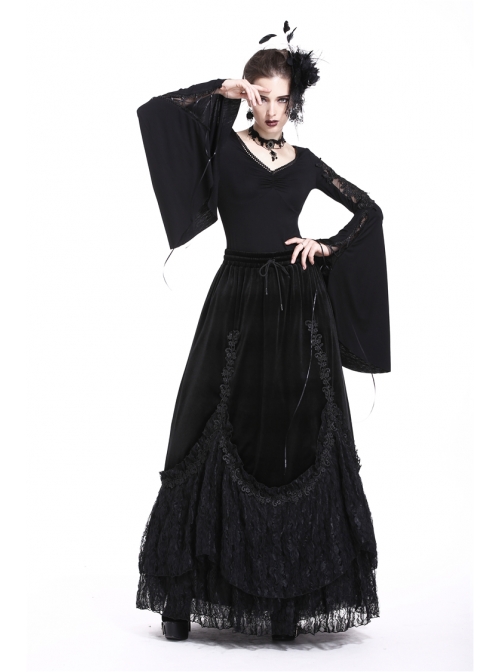 V-Neck Splice Lace Embroidery Flare Sleeve Lace-Up Cuff Black Gothic Knit T-Shirt