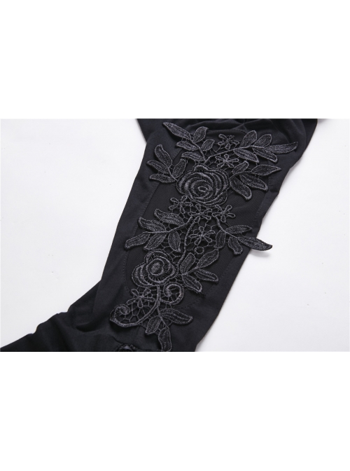 V-Neck Splice Lace Embroidery Flare Sleeve Lace-Up Cuff Black Gothic Knit T-Shirt