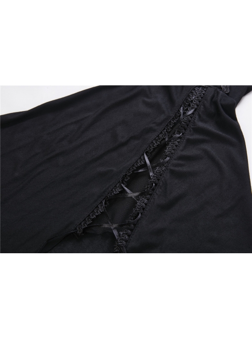 V-Neck Splice Lace Embroidery Flare Sleeve Lace-Up Cuff Black Gothic Knit T-Shirt