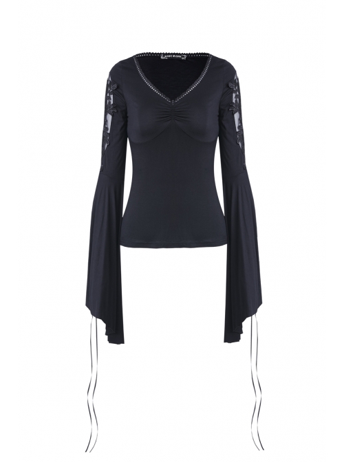 V-Neck Splice Lace Embroidery Flare Sleeve Lace-Up Cuff Black Gothic Knit T-Shirt