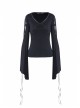 V-Neck Splice Lace Embroidery Flare Sleeve Lace-Up Cuff Black Gothic Knit T-Shirt