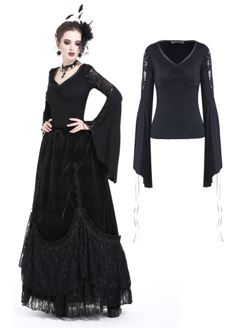 V-Neck Splice Lace Embroidery Flare Sleeve Lace-Up Cuff Black Gothic Knit T-Shirt