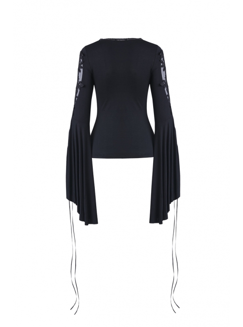 V-Neck Splice Lace Embroidery Flare Sleeve Lace-Up Cuff Black Gothic Knit T-Shirt