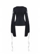 V-Neck Splice Lace Embroidery Flare Sleeve Lace-Up Cuff Black Gothic Knit T-Shirt