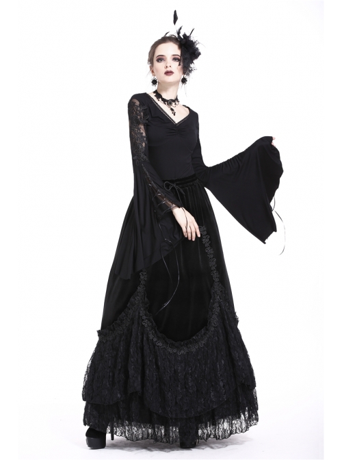 V-Neck Splice Lace Embroidery Flare Sleeve Lace-Up Cuff Black Gothic Knit T-Shirt