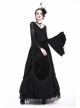 V-Neck Splice Lace Embroidery Flare Sleeve Lace-Up Cuff Black Gothic Knit T-Shirt