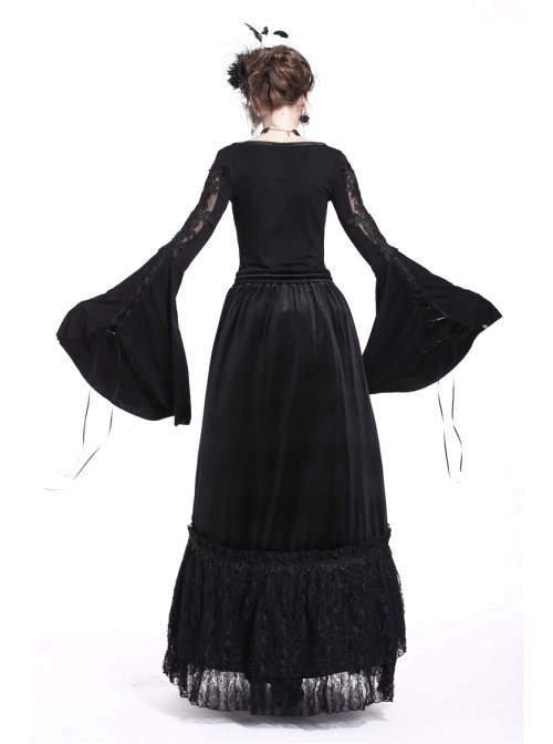 V-Neck Splice Lace Embroidery Flare Sleeve Lace-Up Cuff Black Gothic Knit T-Shirt