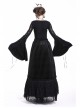 V-Neck Splice Lace Embroidery Flare Sleeve Lace-Up Cuff Black Gothic Knit T-Shirt