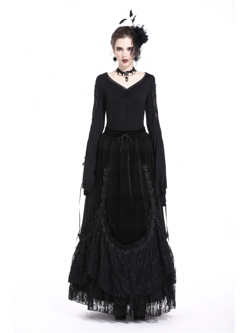 V-Neck Splice Lace Embroidery Flare Sleeve Lace-Up Cuff Black Gothic Knit T-Shirt