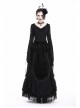 V-Neck Splice Lace Embroidery Flare Sleeve Lace-Up Cuff Black Gothic Knit T-Shirt
