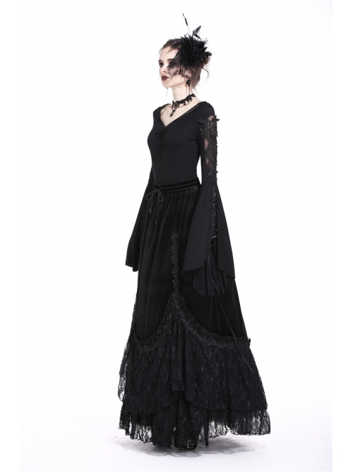 V-Neck Splice Lace Embroidery Flare Sleeve Lace-Up Cuff Black Gothic Knit T-Shirt