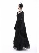 V-Neck Splice Lace Embroidery Flare Sleeve Lace-Up Cuff Black Gothic Knit T-Shirt