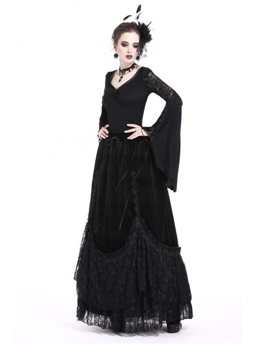 V-Neck Splice Lace Embroidery Flare Sleeve Lace-Up Cuff Black Gothic Knit T-Shirt