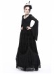 V-Neck Splice Lace Embroidery Flare Sleeve Lace-Up Cuff Black Gothic Knit T-Shirt