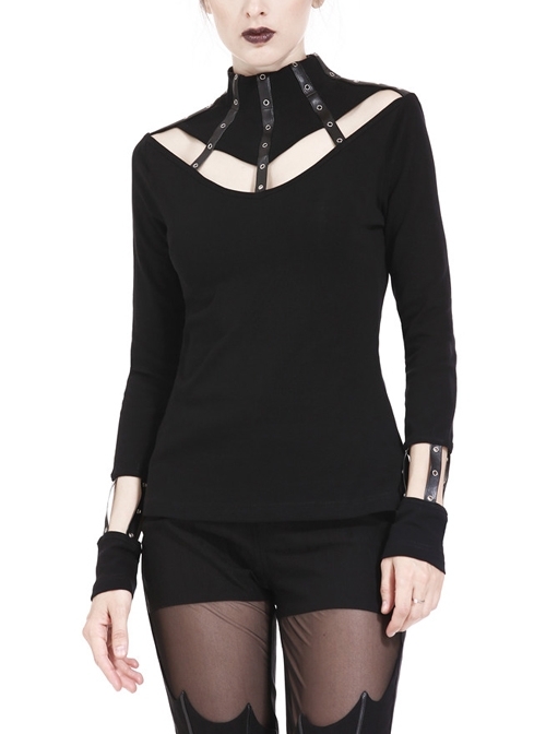 High Collar Front Chest Hollow-Out Metal Eyelets Strap Long Sleeve Black Punk T-Shirt