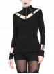 High Collar Front Chest Hollow-Out Metal Eyelets Strap Long Sleeve Black Punk T-Shirt