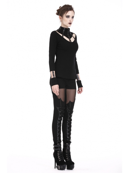 High Collar Front Chest Hollow-Out Metal Eyelets Strap Long Sleeve Black Punk T-Shirt