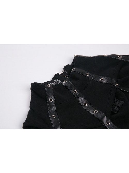 High Collar Front Chest Hollow-Out Metal Eyelets Strap Long Sleeve Black Punk T-Shirt