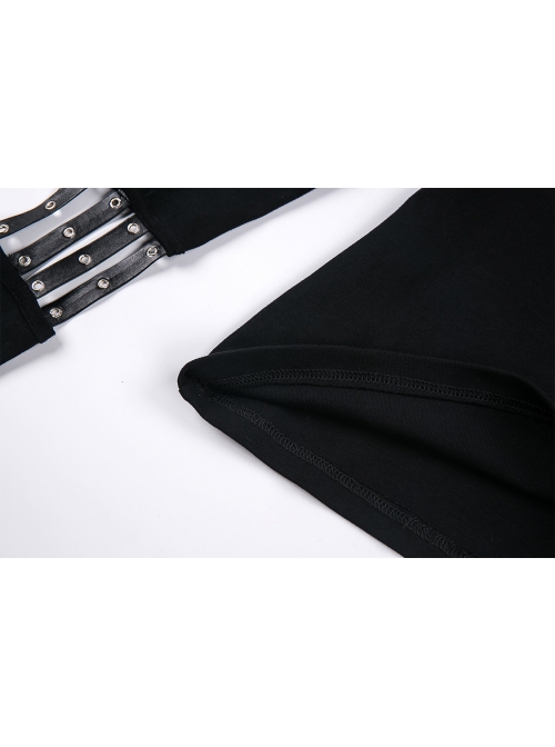 High Collar Front Chest Hollow-Out Metal Eyelets Strap Long Sleeve Black Punk T-Shirt