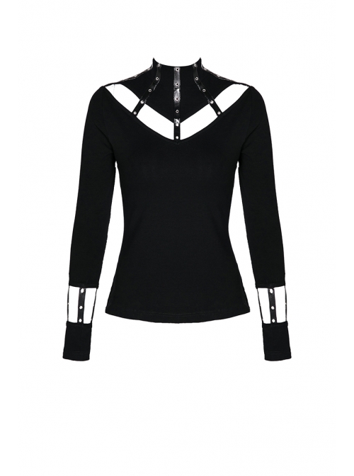 High Collar Front Chest Hollow-Out Metal Eyelets Strap Long Sleeve Black Punk T-Shirt