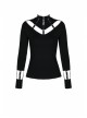 High Collar Front Chest Hollow-Out Metal Eyelets Strap Long Sleeve Black Punk T-Shirt