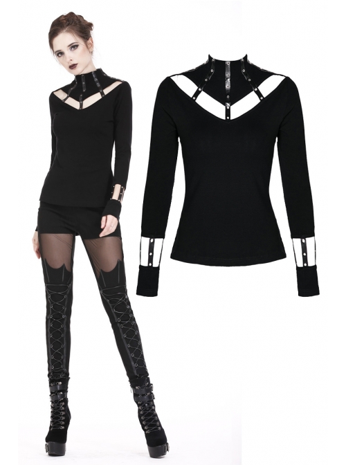 High Collar Front Chest Hollow-Out Metal Eyelets Strap Long Sleeve Black Punk T-Shirt