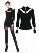 High Collar Front Chest Hollow-Out Metal Eyelets Strap Long Sleeve Black Punk T-Shirt