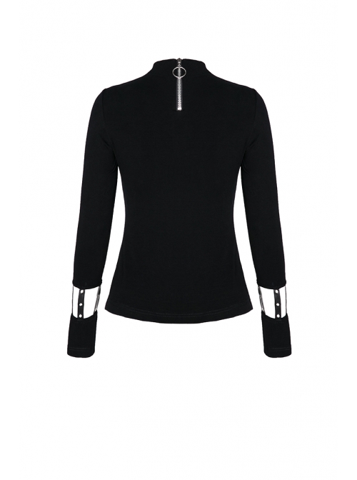 High Collar Front Chest Hollow-Out Metal Eyelets Strap Long Sleeve Black Punk T-Shirt