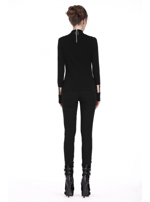 High Collar Front Chest Hollow-Out Metal Eyelets Strap Long Sleeve Black Punk T-Shirt