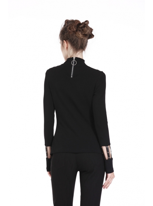 High Collar Front Chest Hollow-Out Metal Eyelets Strap Long Sleeve Black Punk T-Shirt
