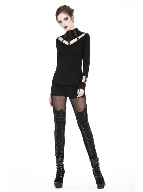 High Collar Front Chest Hollow-Out Metal Eyelets Strap Long Sleeve Black Punk T-Shirt