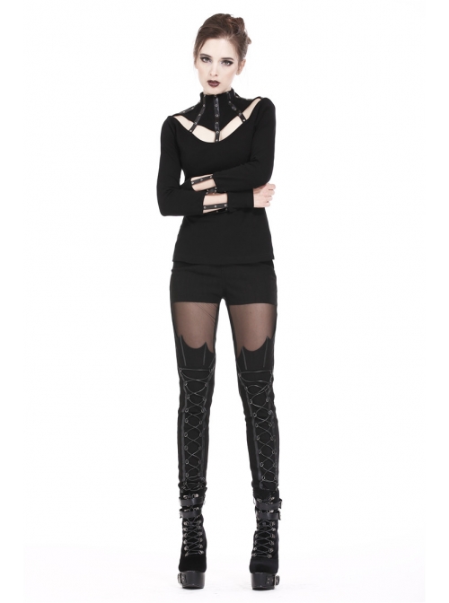 High Collar Front Chest Hollow-Out Metal Eyelets Strap Long Sleeve Black Punk T-Shirt