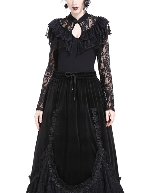 High Collar Front Chest Hollow-Out Lace Frill Long Sleeve Black Gothic T-Shirt