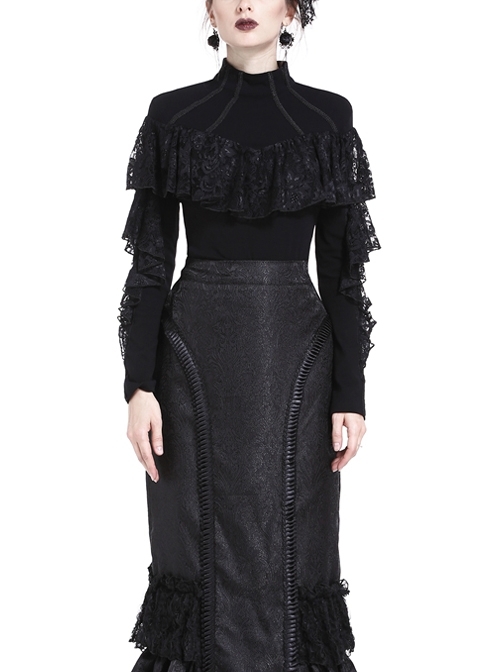 High Collar Front Chest Lace Flounce Long Sleeve Black Gothic Knit T-Shirt